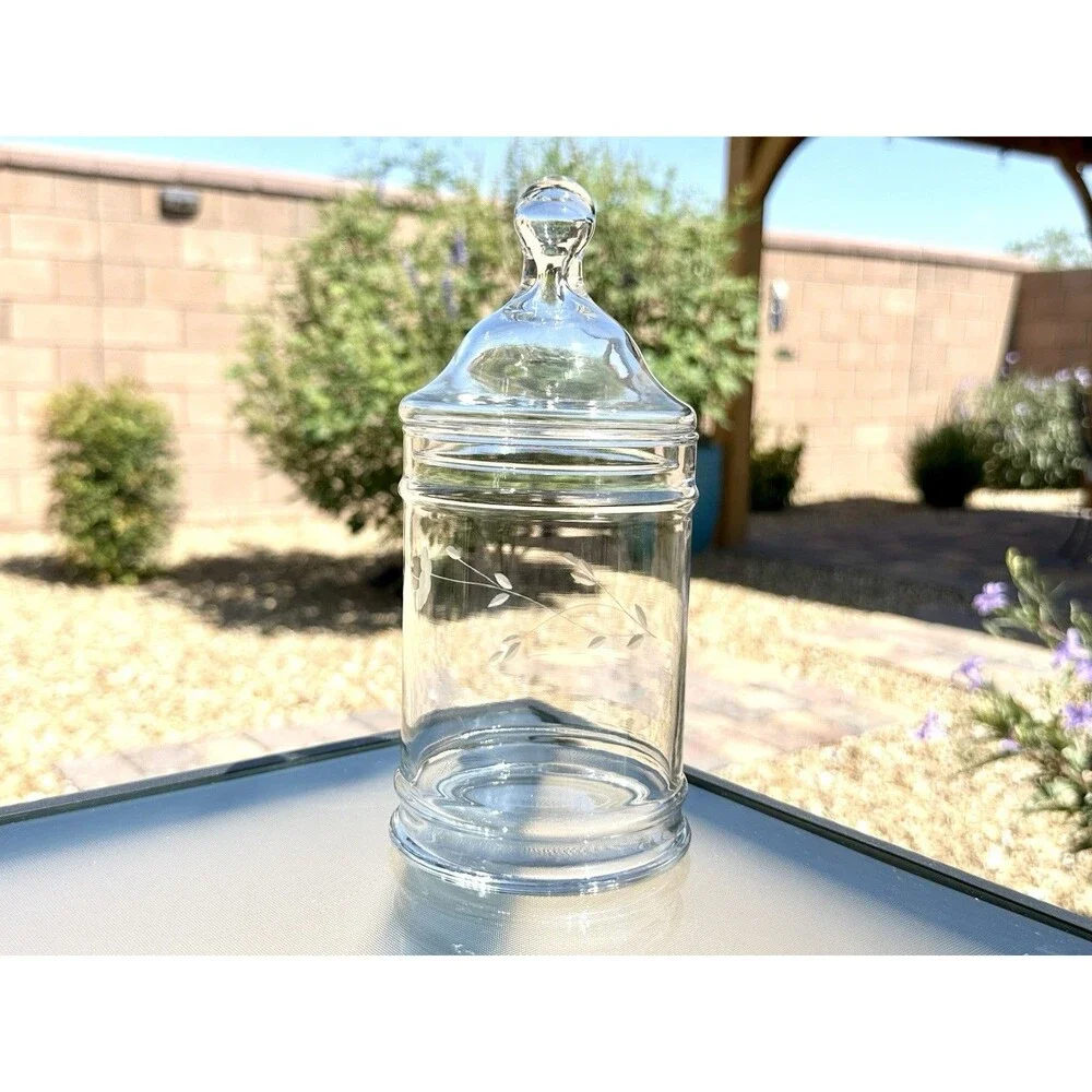 Princess House Heritage Crystal Glass Apothecary Jar w/ Lid Etched Glass 8 1/4
